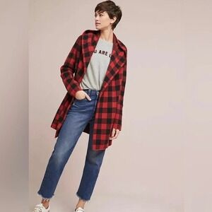 Anthropologie Field Flower Buffalo Check Plaid 100% Wool Hooded Coatigan Sz S